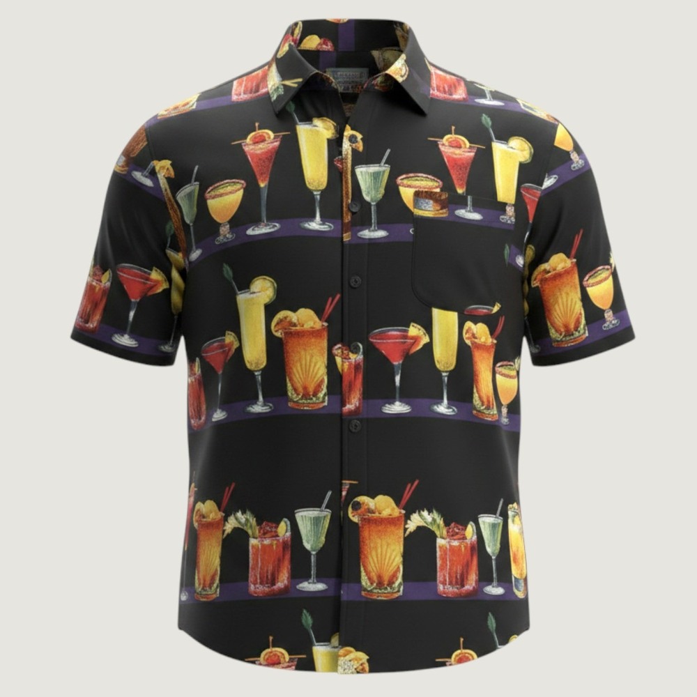 Monticerutti Hawaiian Shirt Mens Medium Black Cocktail Drink Allover Rayon SS